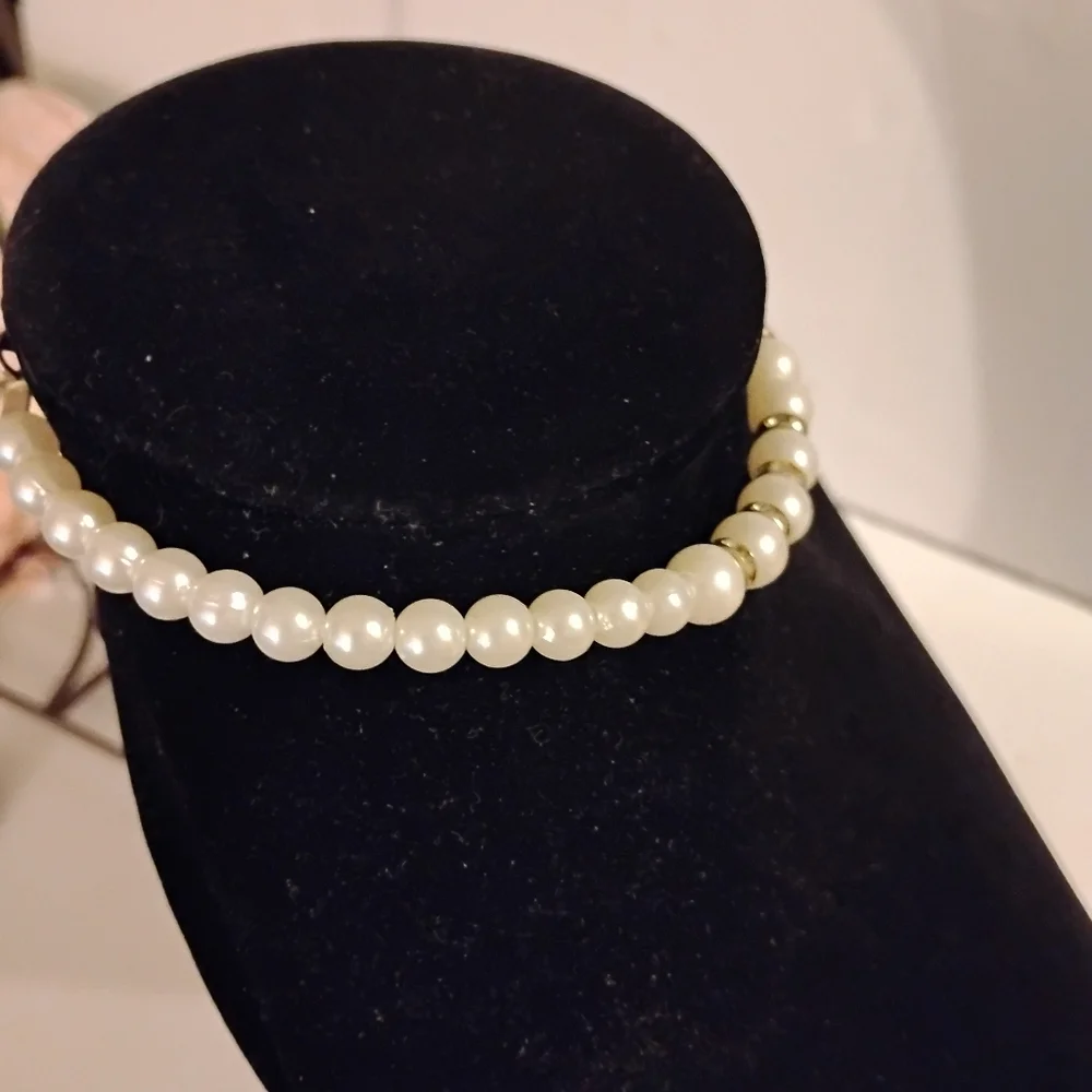 Elegant Faux Pearl Necklace with Silver Accents and Rhinestones Length 6' Girls'